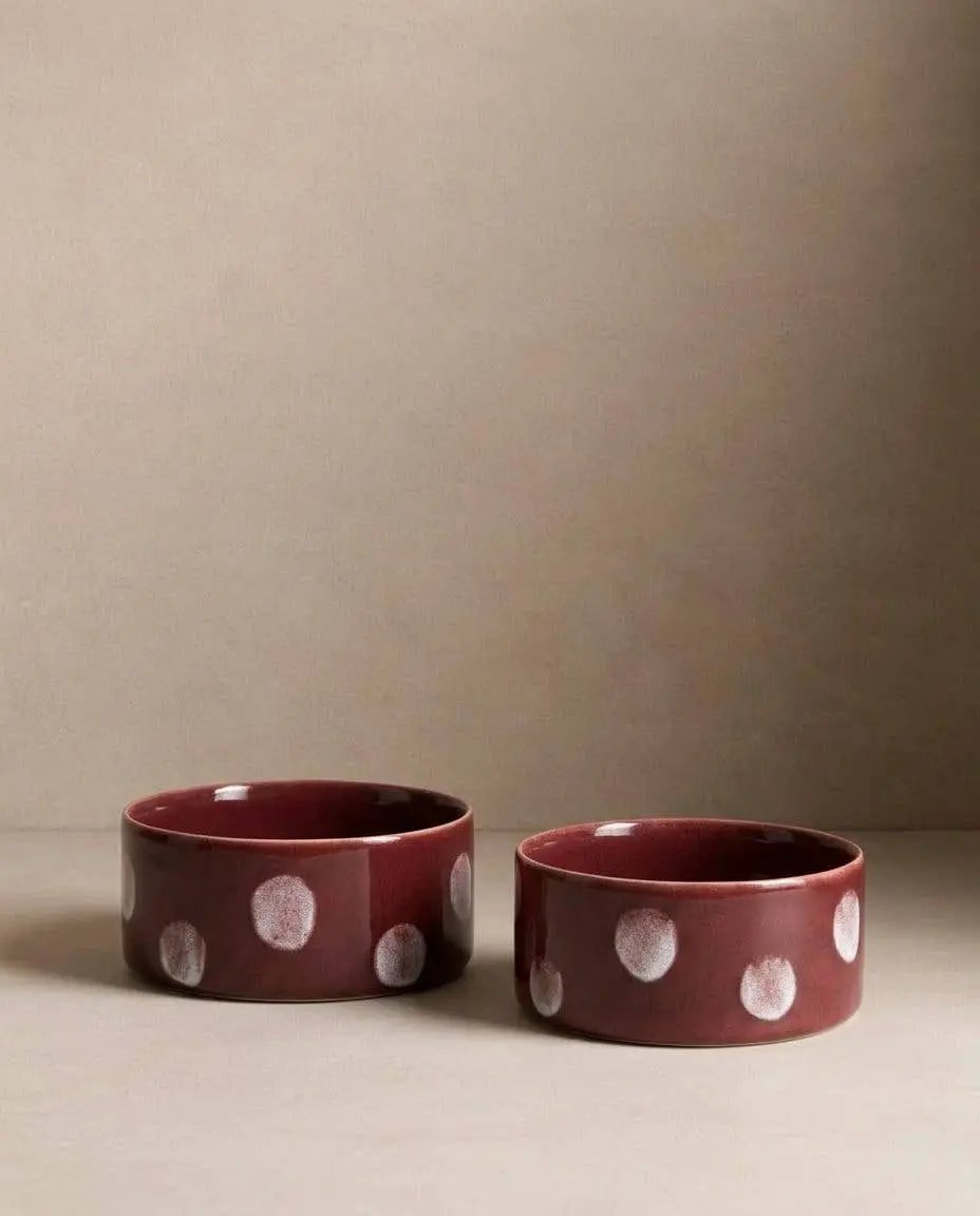 Burgundy Pop Dots Pet Bowl 16.5cm - 2 Pieces Set