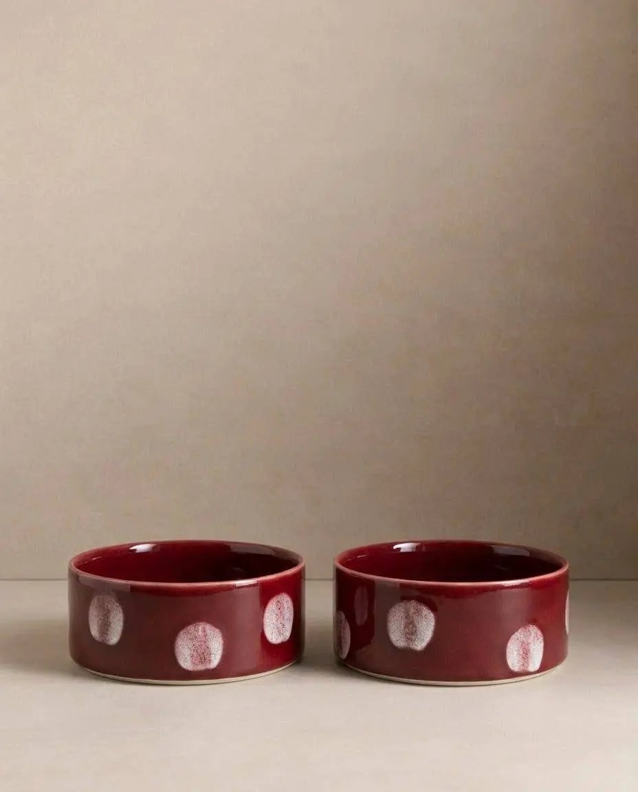 Burgundy Pop Dots Pet Bowl 14cm Burgundy - 2 Pieces Set