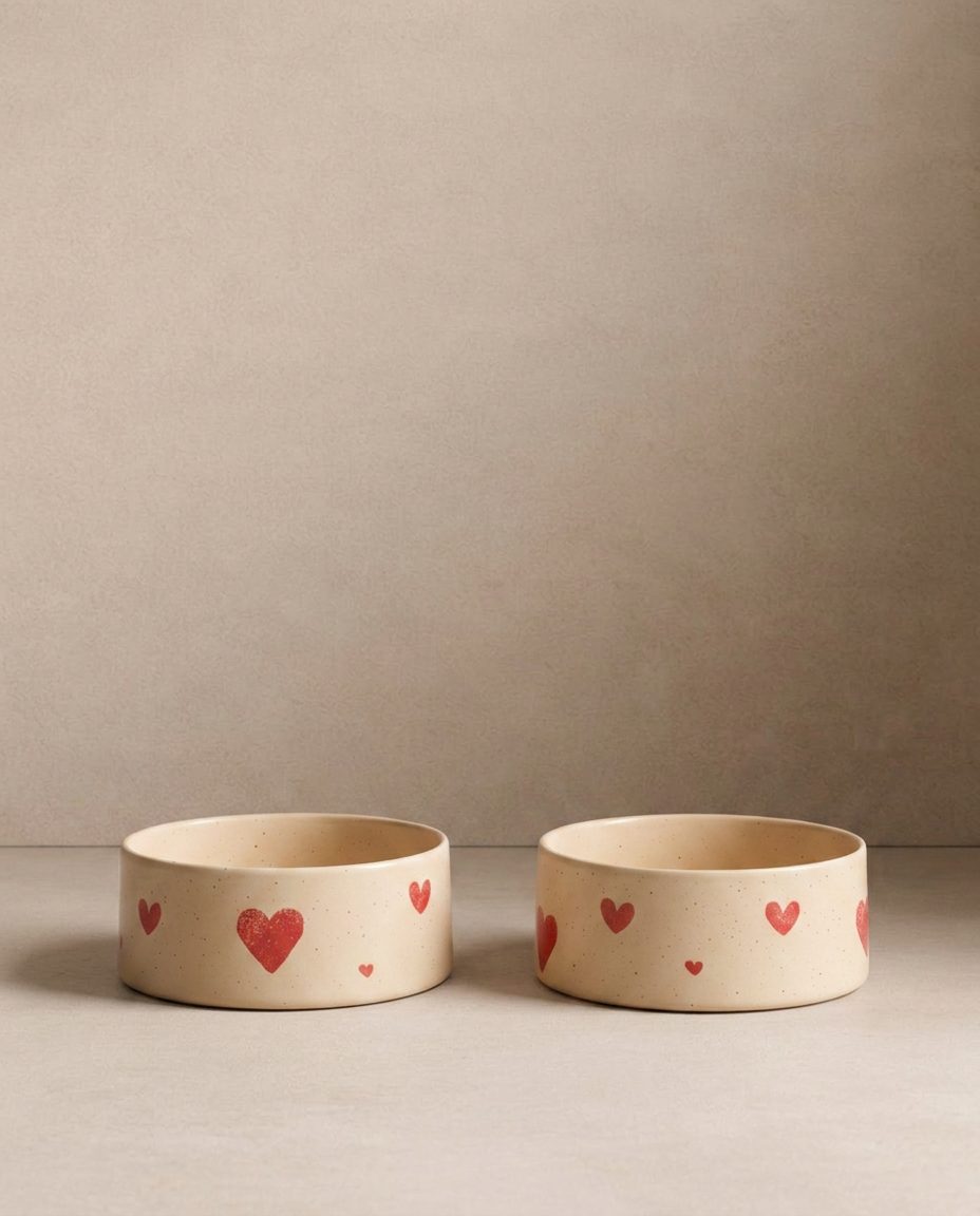 Cosy Hearts Stoneware Pet Bowl 16.5cm 2 Pieces Set – Handmade Pet Bowls by Egg Back Home - Kúbome