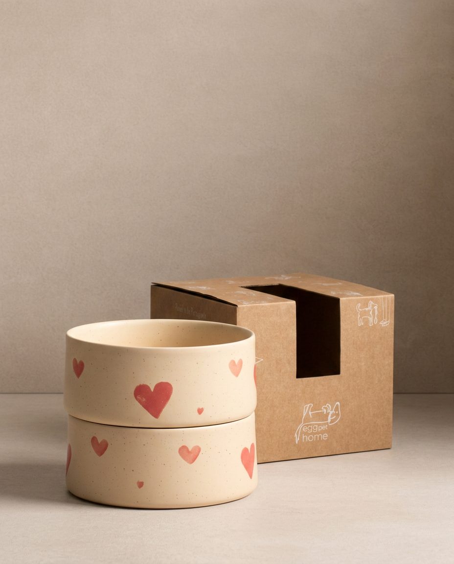 Cosy Hearts Stoneware Pet Bowl 16.5cm 2 Pieces Set – Handmade Pet Bowls by Egg Back Home - Kúbome