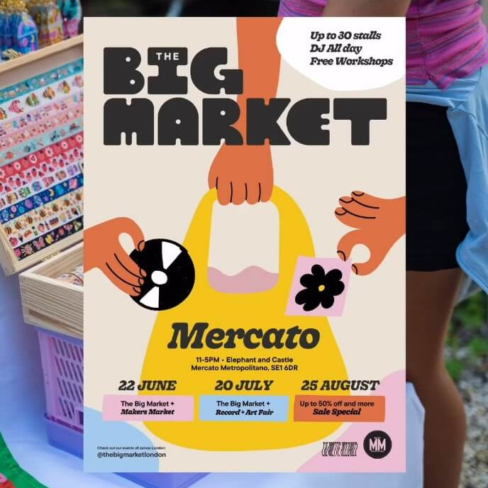 Poster for 'The Big Market' event on 20th July with colourful design and text.