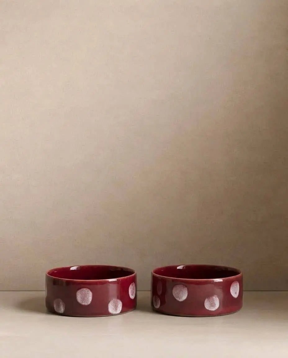Burgundy Pop Dots Pet Bowl 16.5cm - 2 Pieces Set